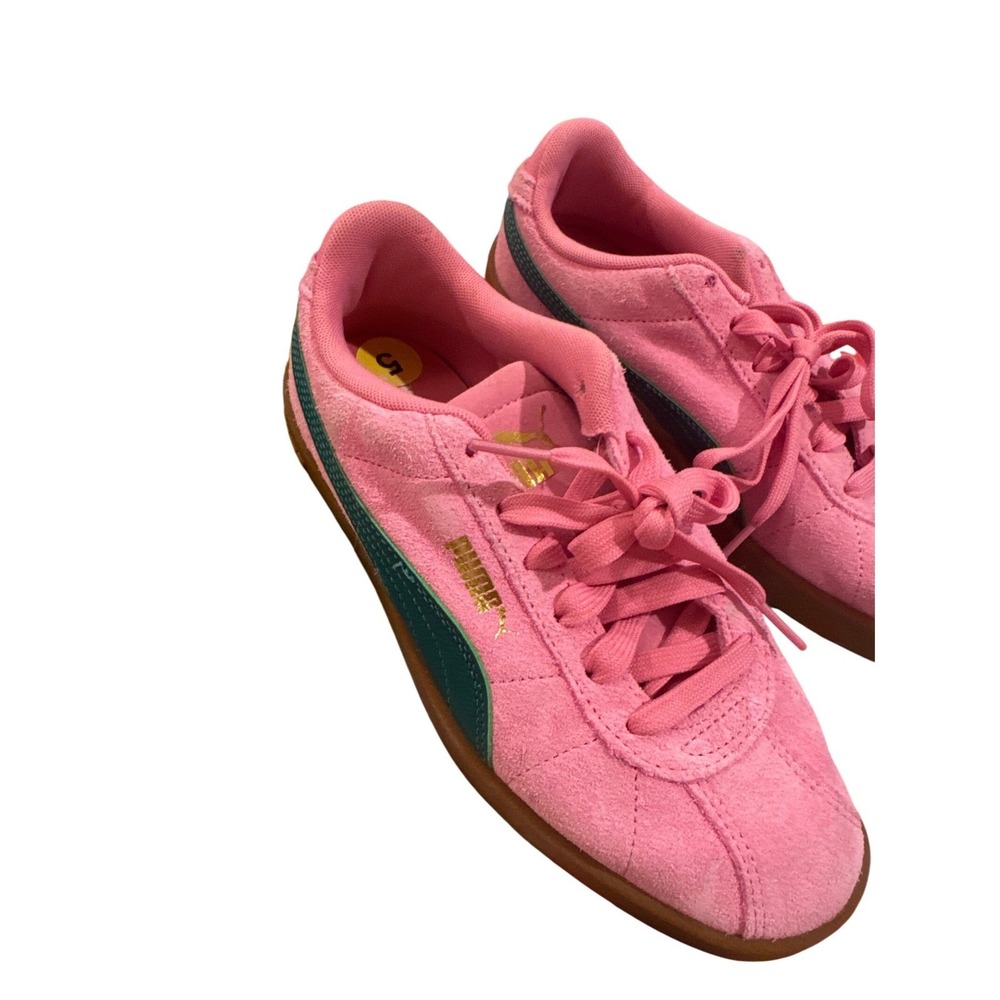 Pink Puma Suede Sneakers Youth Size 5 Teal Stripe Gum Sole Lace Up Casual Shoes - Picture 2 of 7